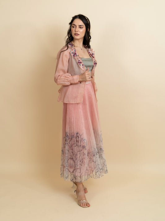 Embroidered organza blazer with pleated skirt set. image 1