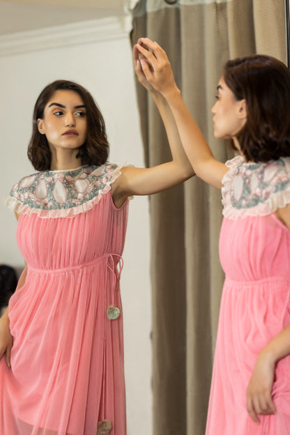 Drop shoulder embroidered full length pink gown. image 0