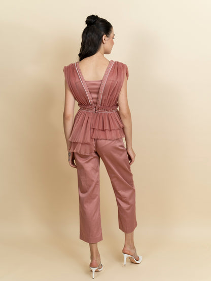Draped organza pleated top with pants. (Blush pink) image 3
