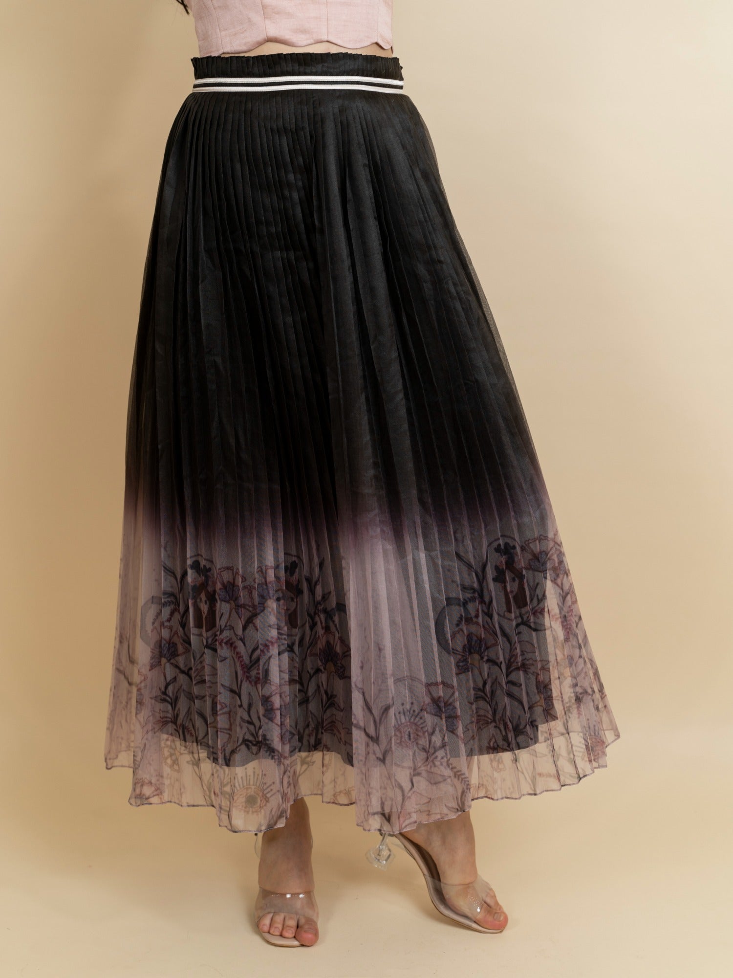 Print pleated ombre organza skirt. (Black) image 0