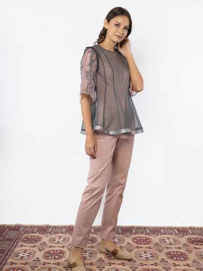 Blue shear top with rose gold jumpsuit. image 4