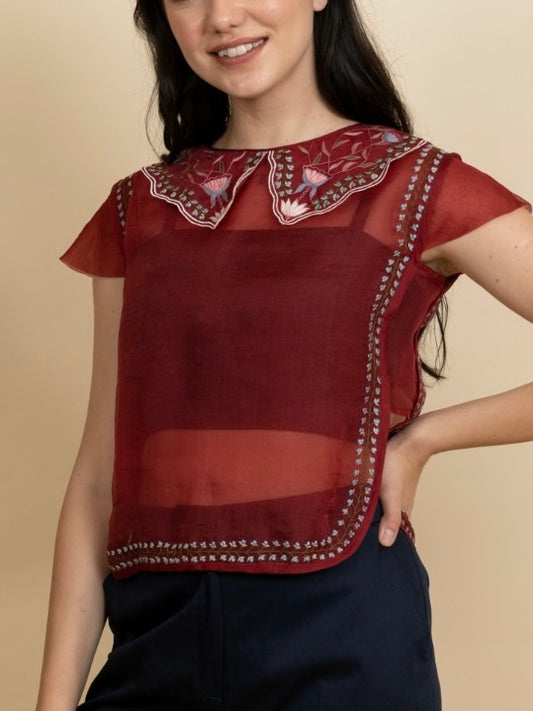 Red organza embroidered top image 0