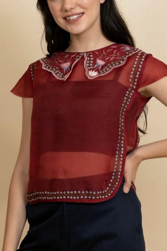 Red organza embroidered top