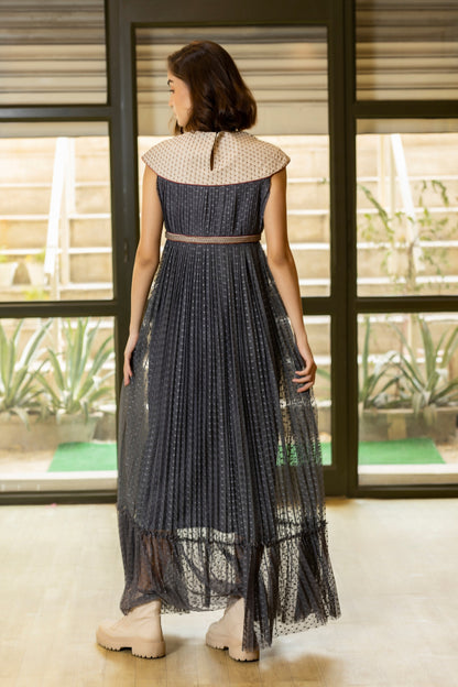 Midnight blue fish-net patchwork embroidered gown. image 1