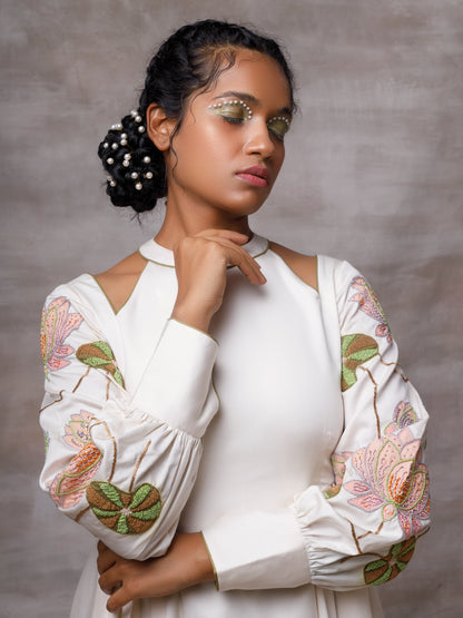 Off white drape dress with embroidered sleeves. image 3