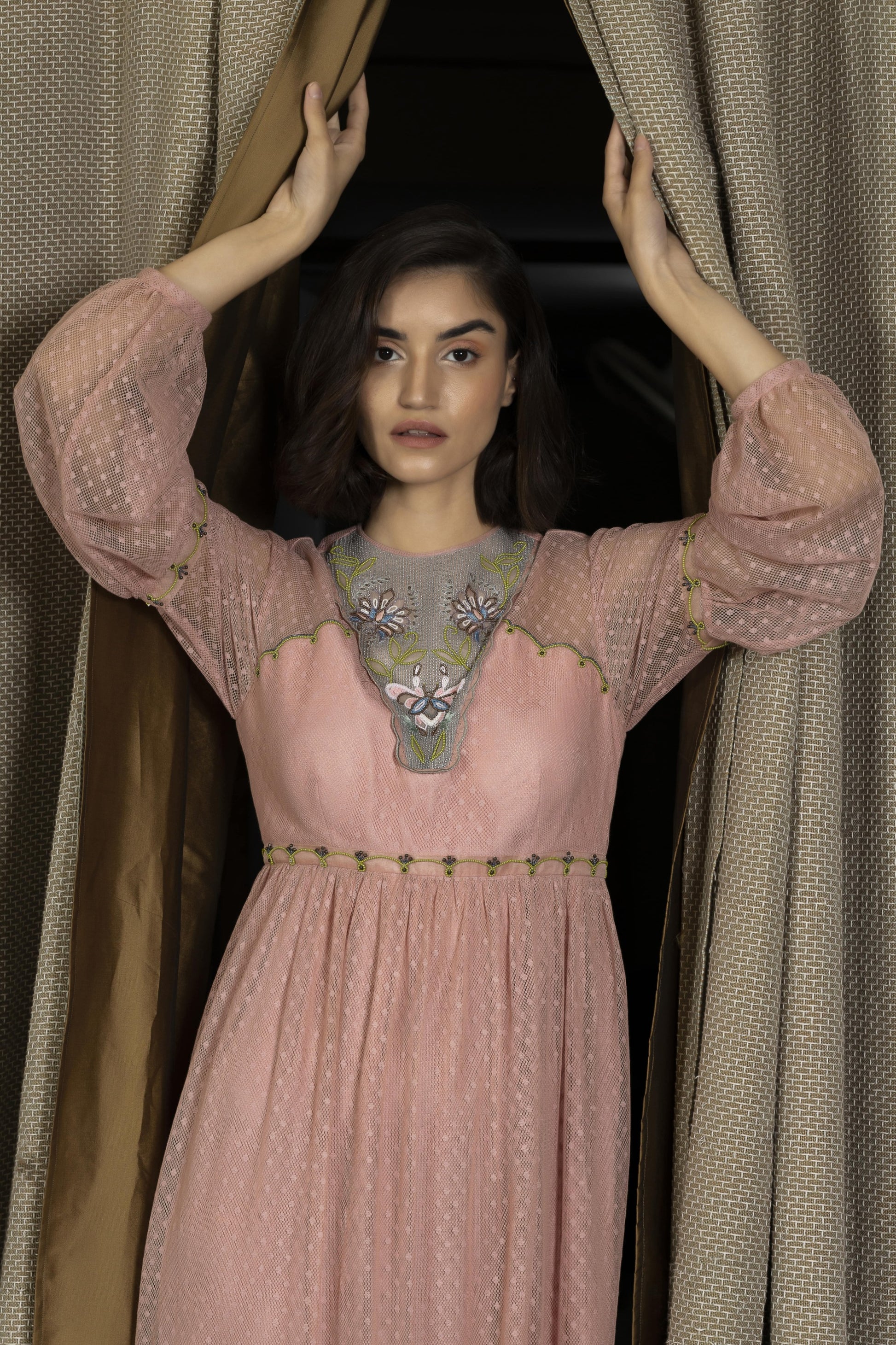 Embroidered neck fish-net full gown. image 3