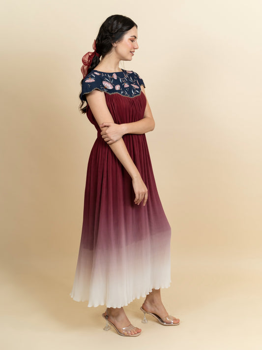 Floral embroidered neckline in a full length dress. (Blue) image 1