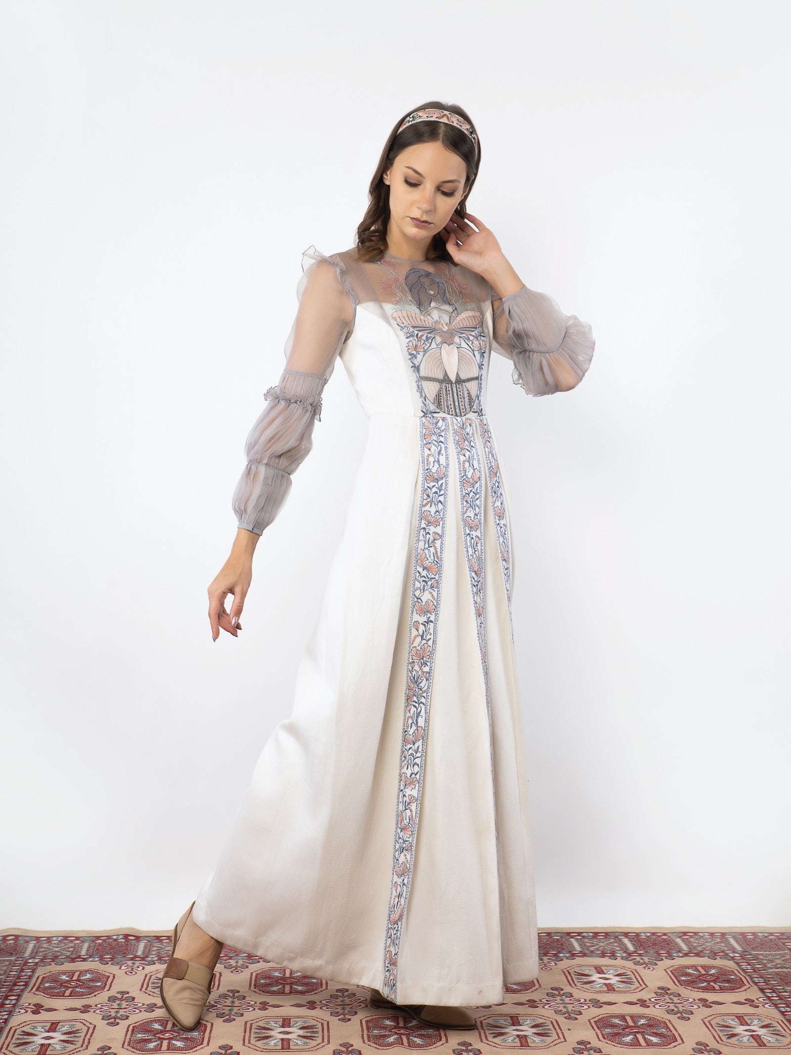 Off white floral embroidered gown. image 2