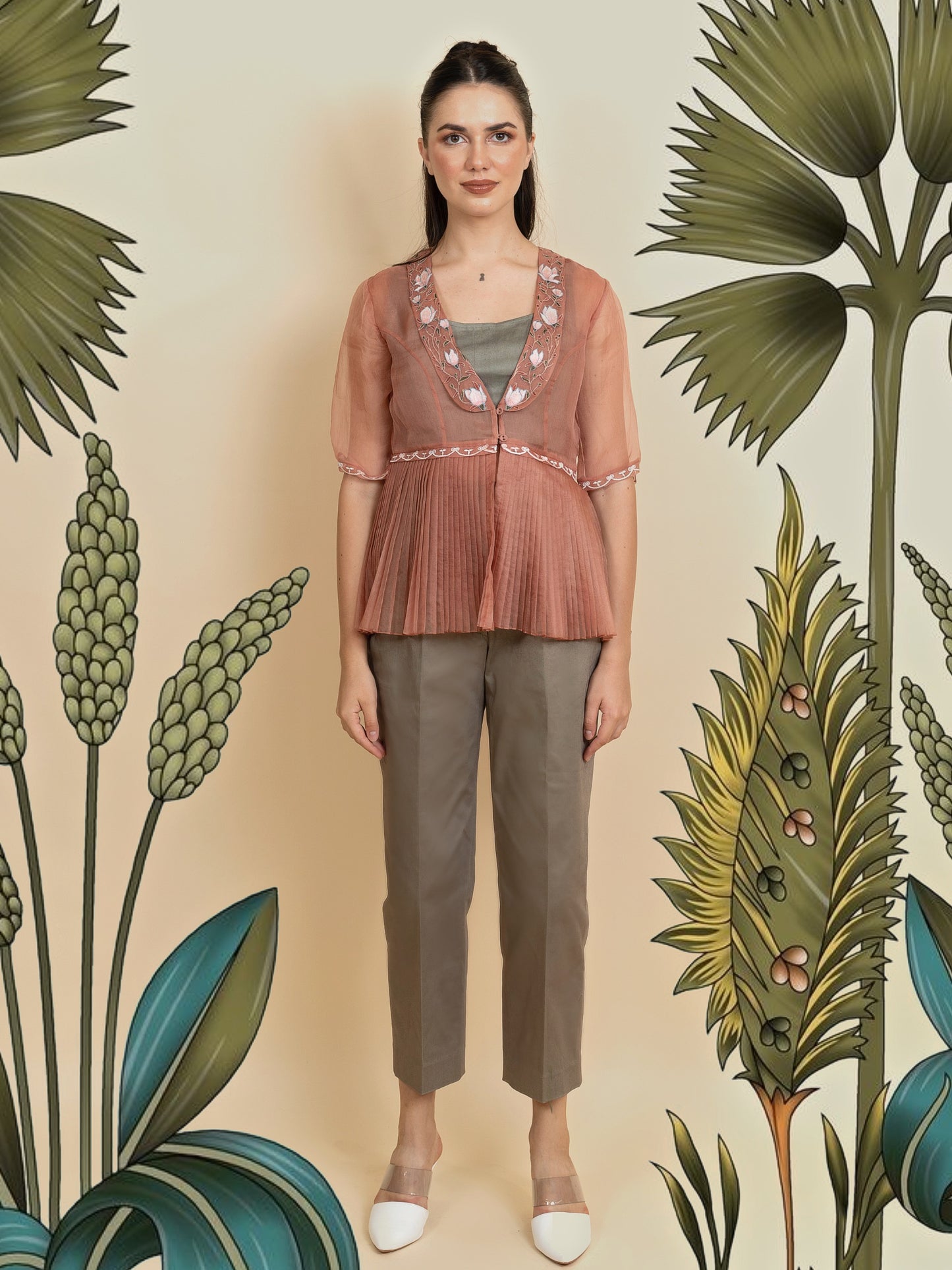 Embroidered organza blazer with pants. (Cinnamon) image 1