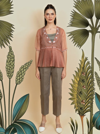Embroidered organza blazer with pants. (Cinnamon) image 1