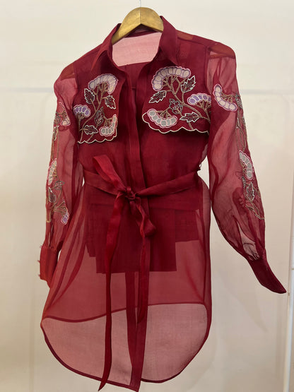 Ruby red organza trench with inner and pants image 1