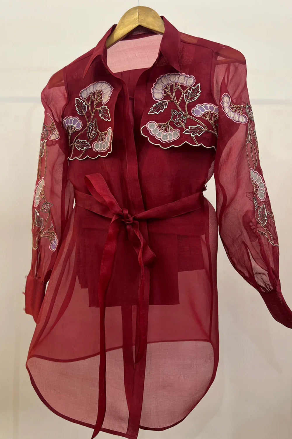 Ruby red organza trench with inner and pants