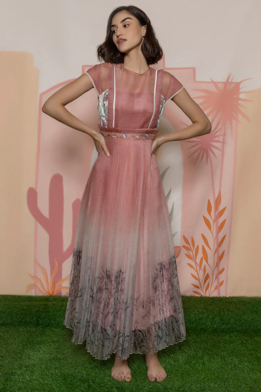 Pink organza print-pleated gown.