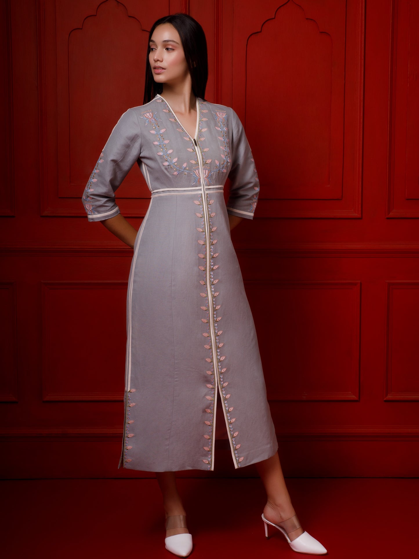 Embroidered ankle length gray cotton linen dress. image 2