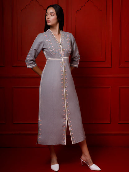 Embroidered ankle length gray cotton linen dress. image 2