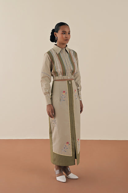 Stripe crop top with olive embroidered skirt image 4