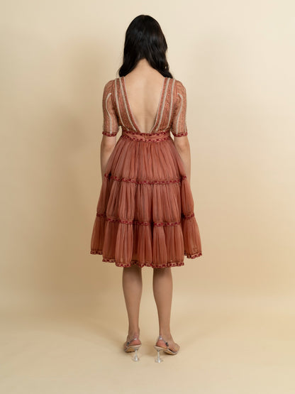 Golden galaxy embroidery in narrow pleated dress. image 3