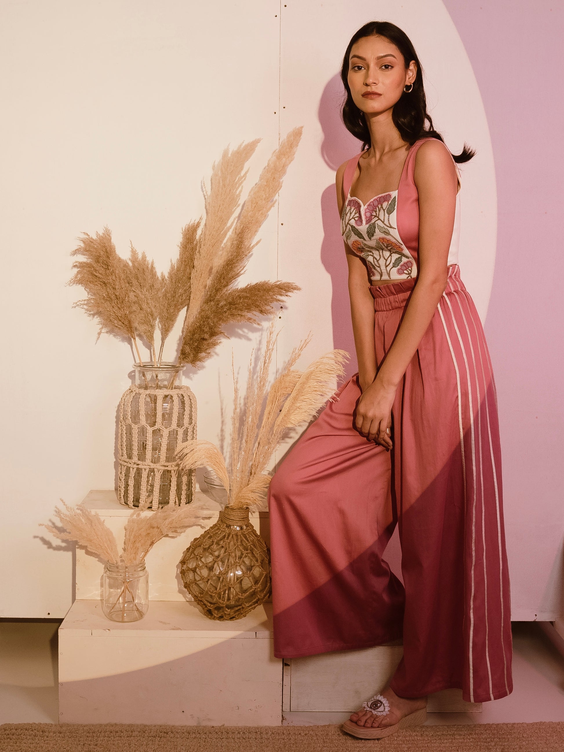 Embroidered crop top with pink flare pants image 1