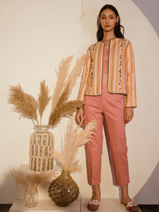 Strip embroidered blazer with pink trousers image 0