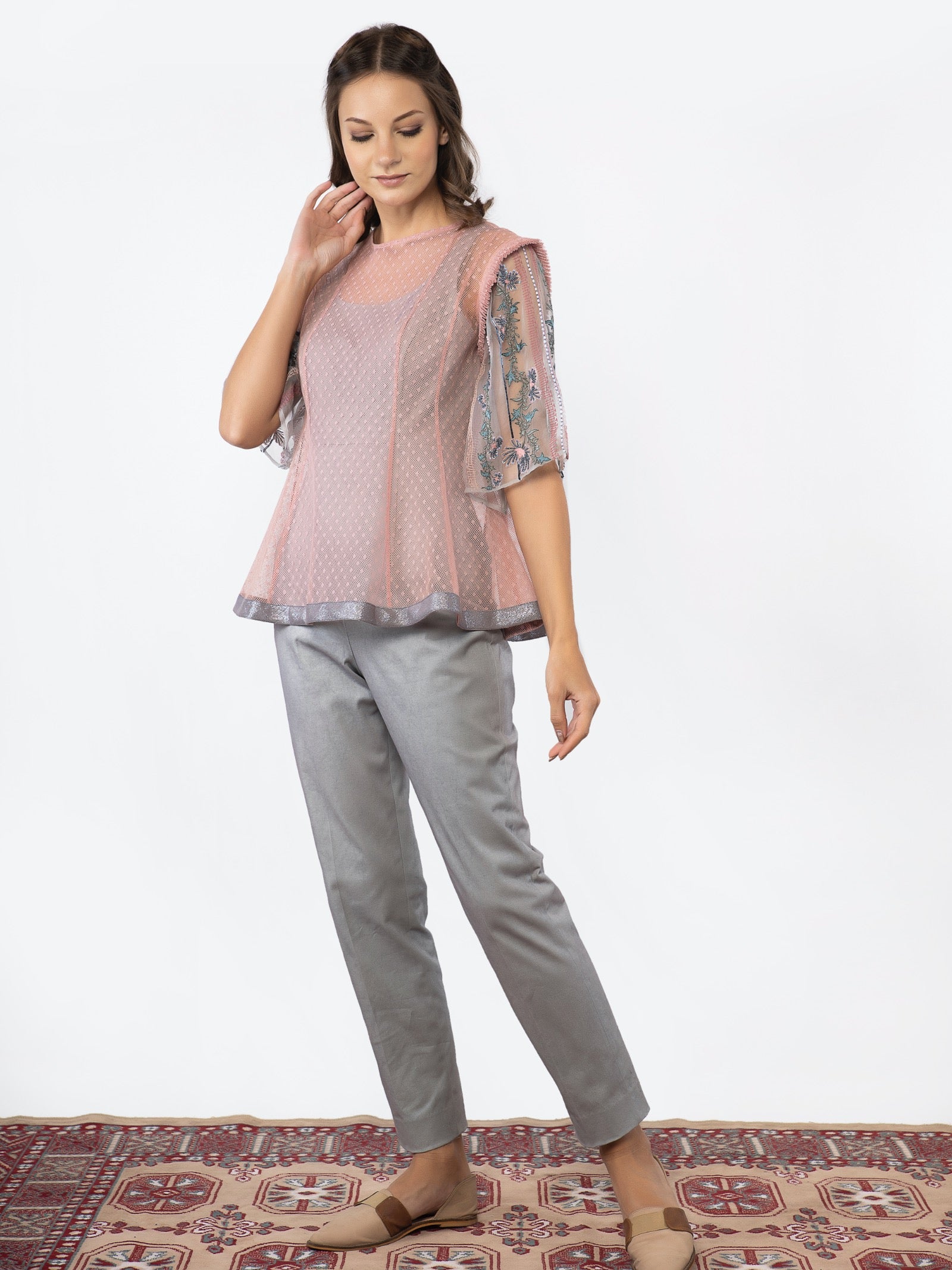 Vintage pink shear top with grey jumpsuit. image 0