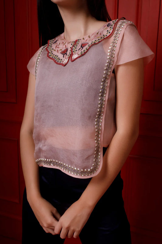 Rose gold embroidered organza top