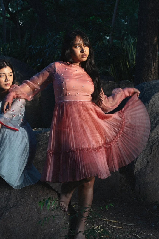 Blush pink organza skater dress.