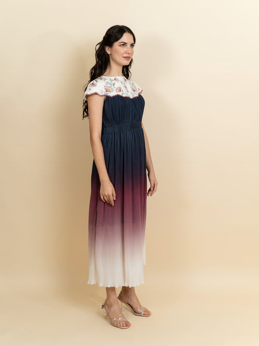 Embroidered neckline in a Georgette full length dress. (Ivory) image 1