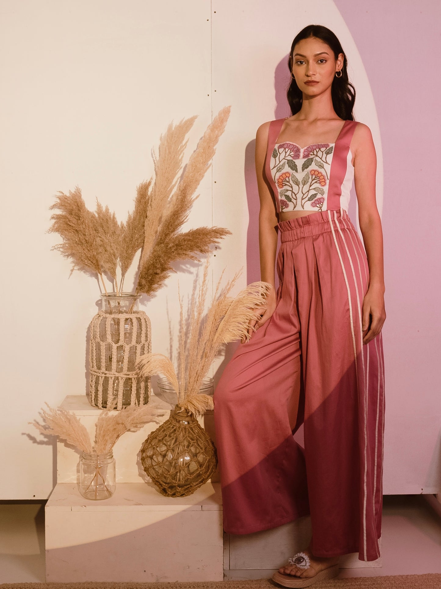 Embroidered crop top with pink flare pants image 3