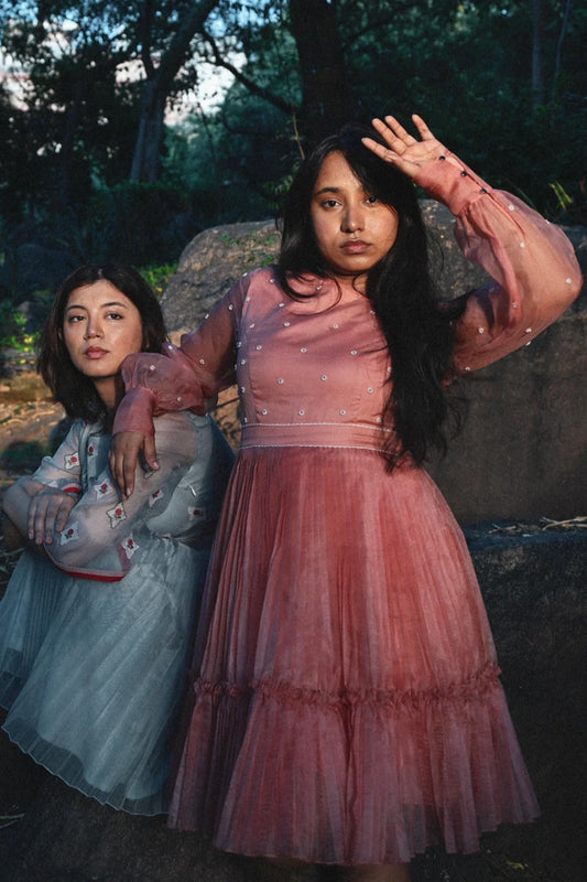 Blush pink organza skater dress.