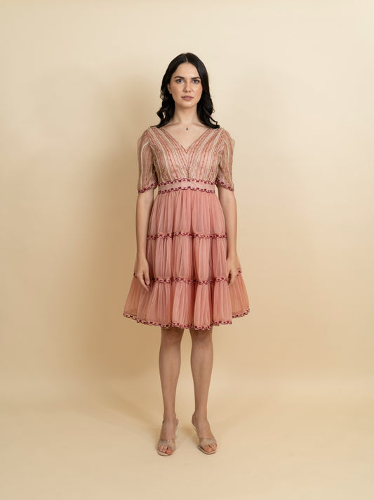 Golden galaxy embroidery in narrow pleated dress. image 0