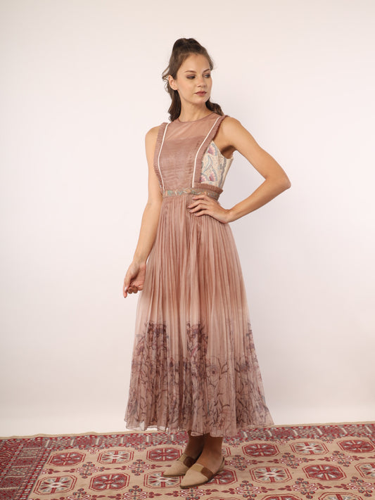 Brown organza pleated gown image 0