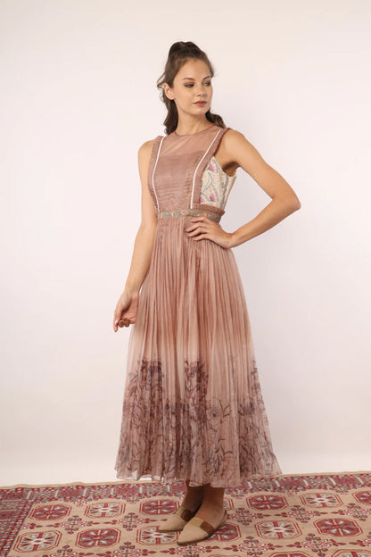 Brown organza pleated gown