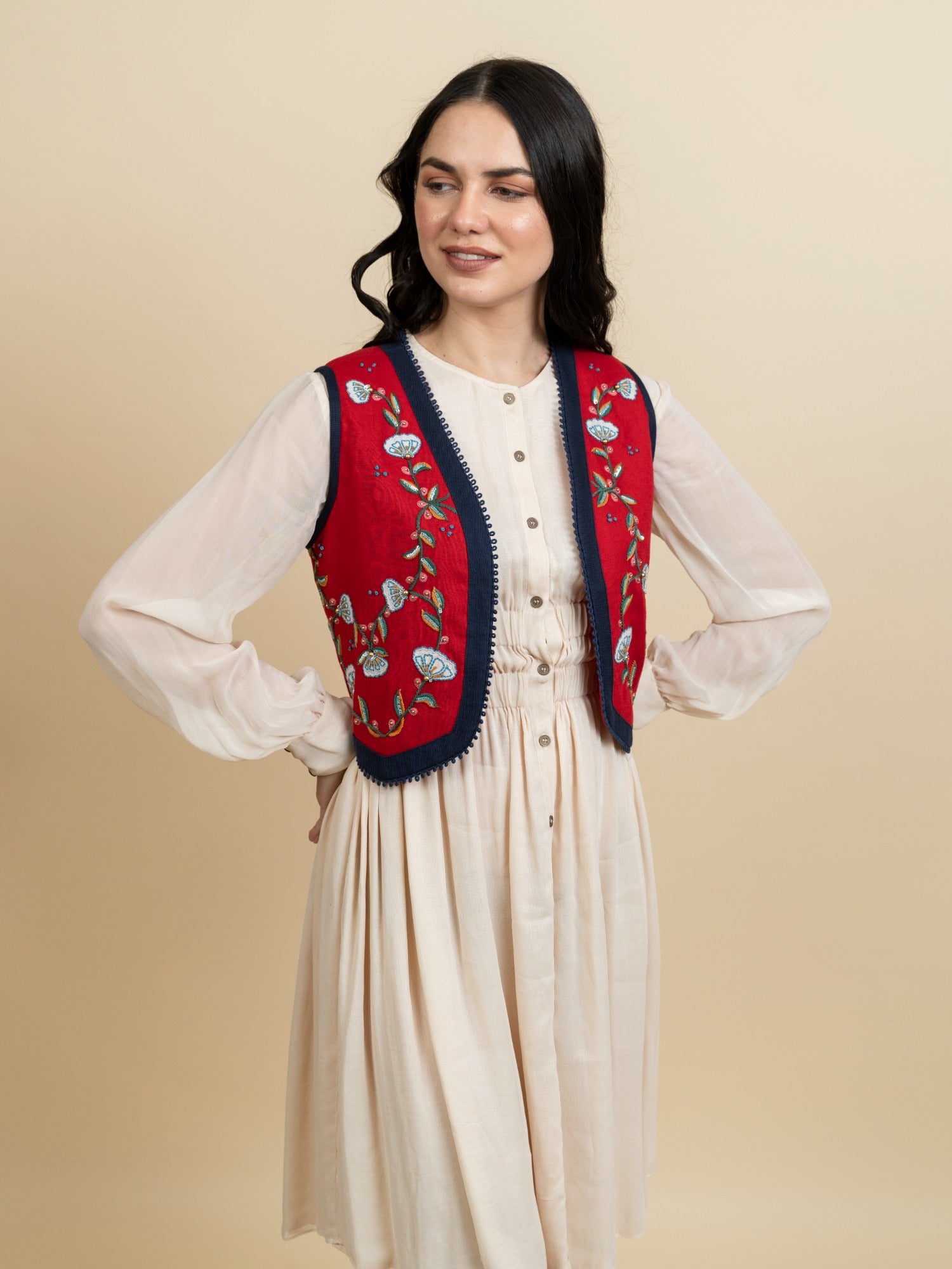 Georgette dress with embroidered jacket. (Ivory) image 1