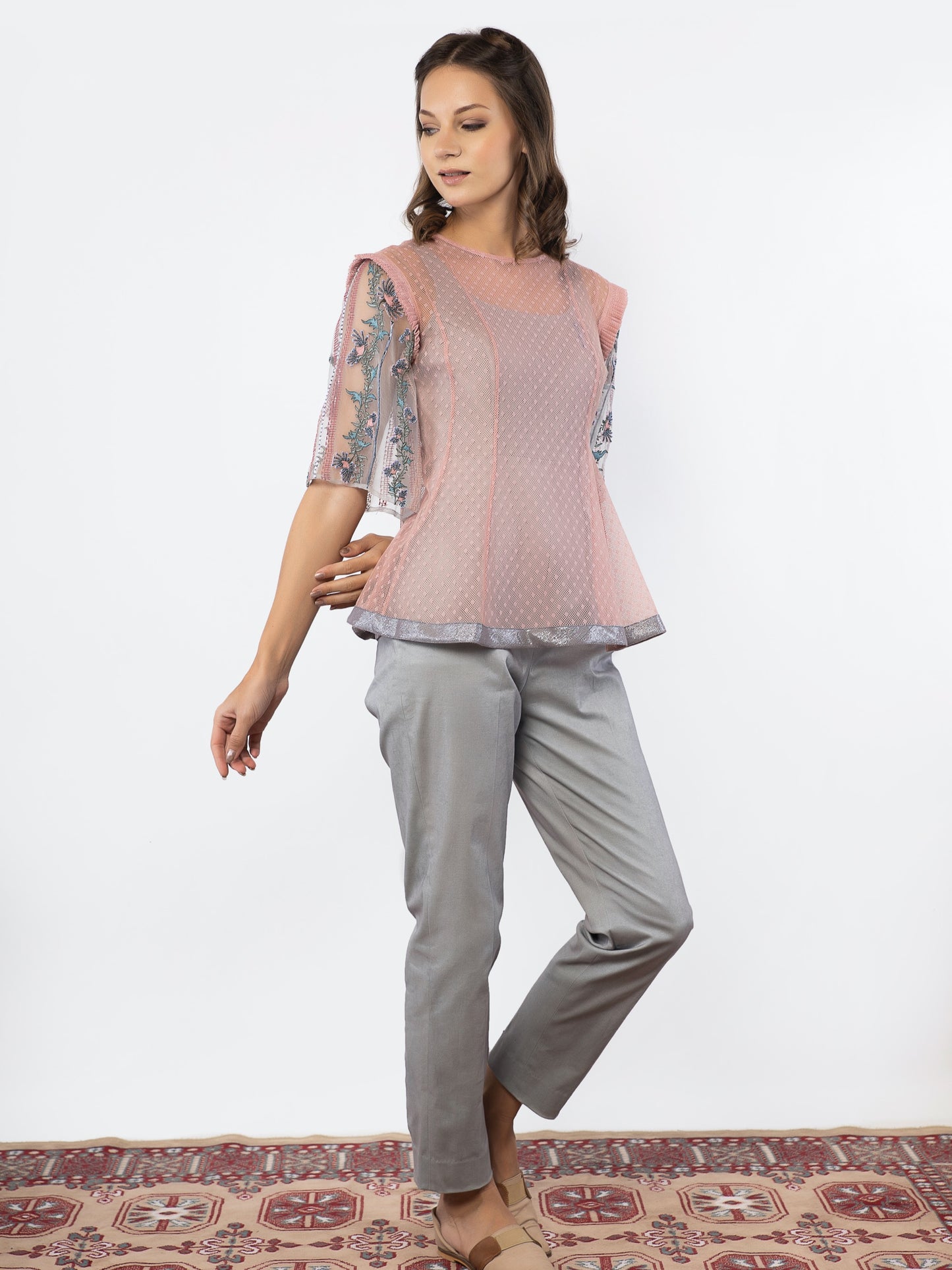 Vintage pink shear top with grey jumpsuit. image 4