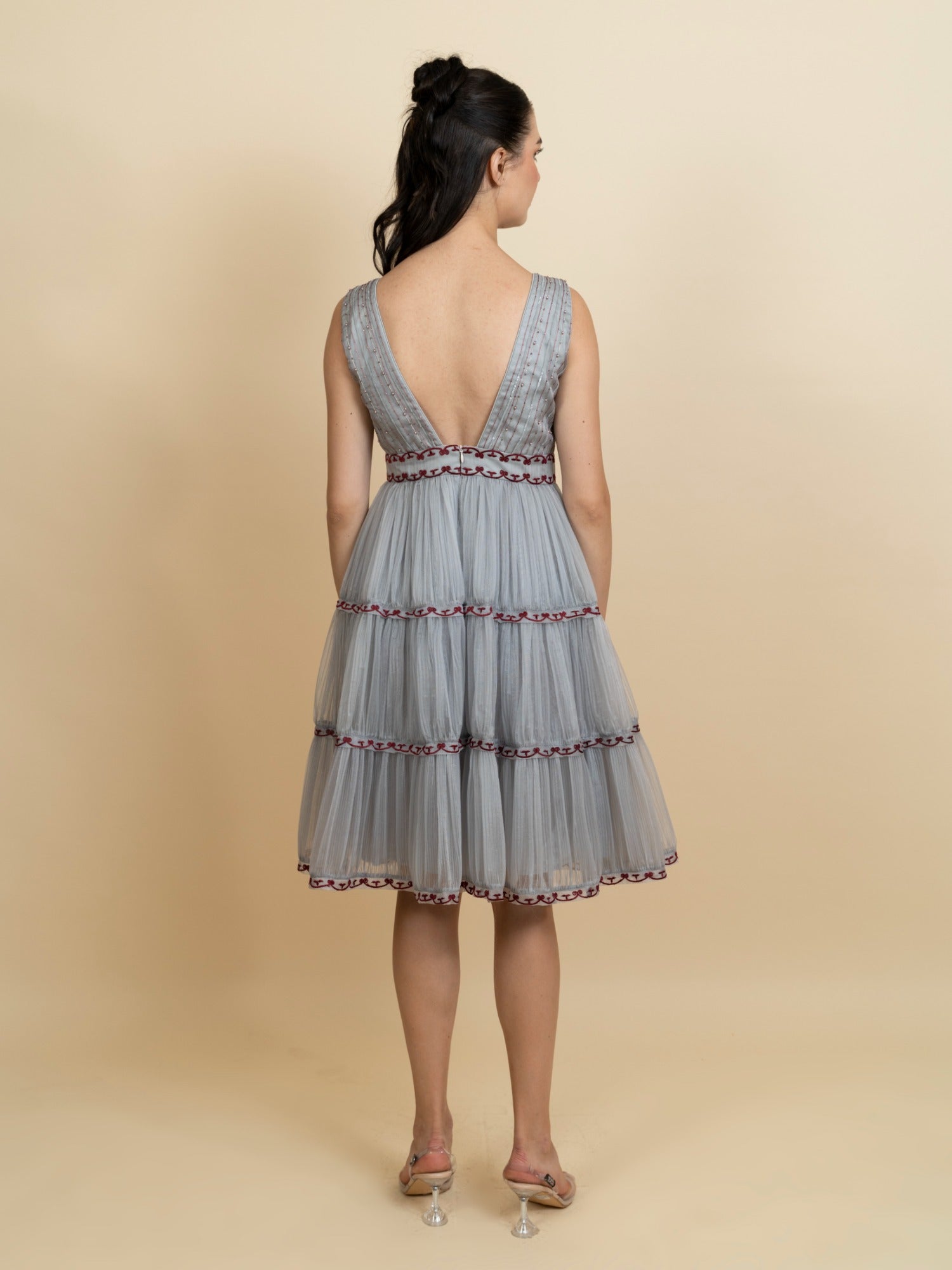 Galaxy embroidered 3-layer pleated dress. (Blue) image 3