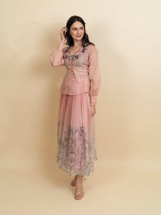 Embroidered organza blazer with pleated skirt set. image 0