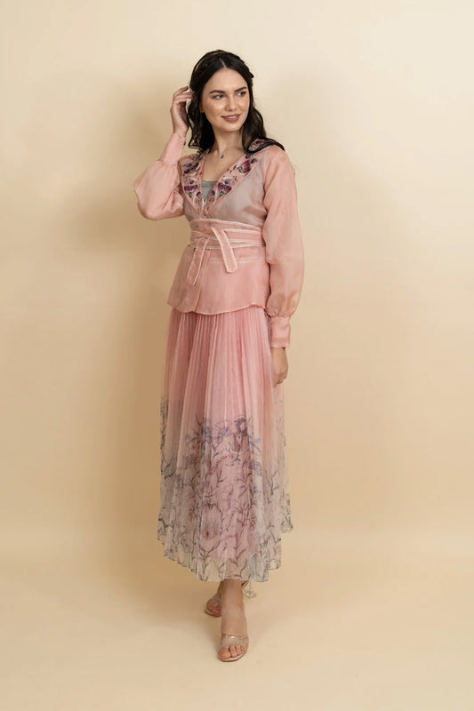 Embroidered organza blazer with pleated skirt set.