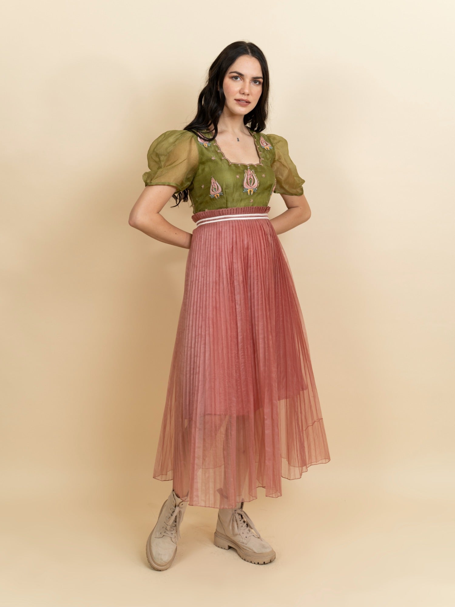 Embroidered bodice in organza color block dress. (Green) image 1