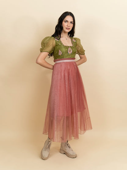 Embroidered bodice in organza color block dress. (Green) image 1