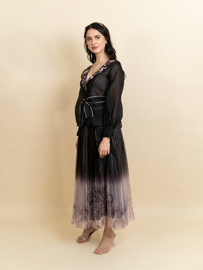 Print pleated ombre organza skirt. (Black) image 4