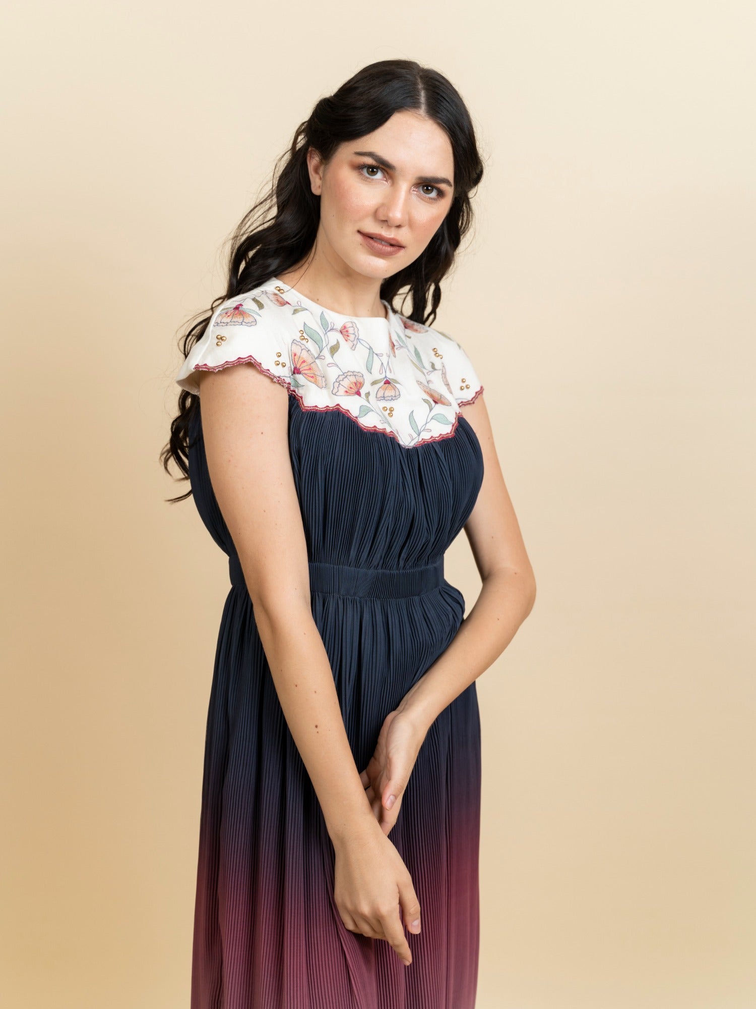 Embroidered neckline in a Georgette full length dress. (Ivory) image 0