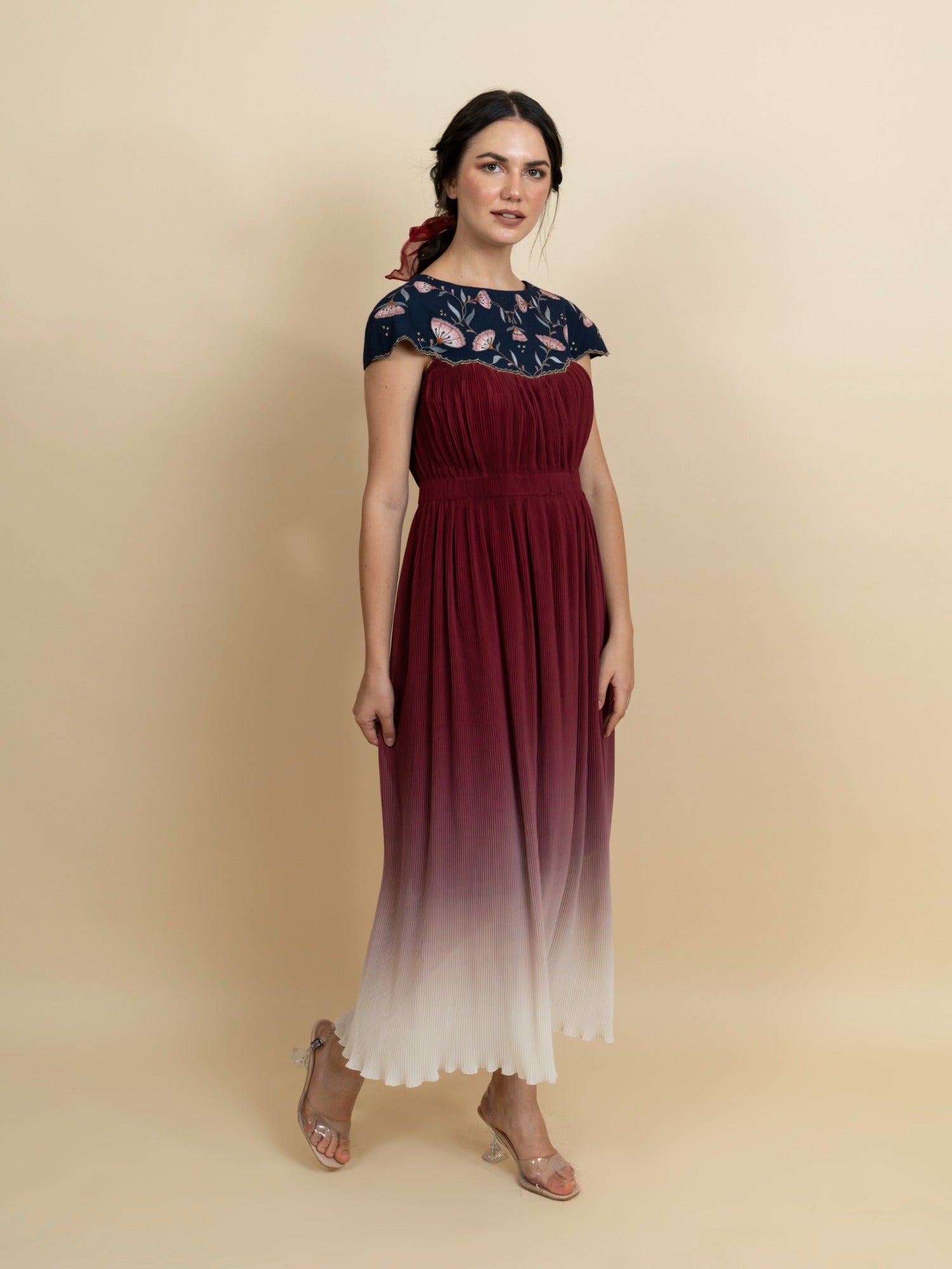 Floral embroidered neckline in a full length dress. (Blue) image 4