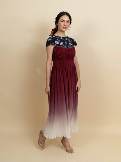 Floral embroidered neckline in a full length dress. (Blue) image 4