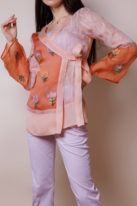 Multicolour organza blazer with lavender inner and pants image 0