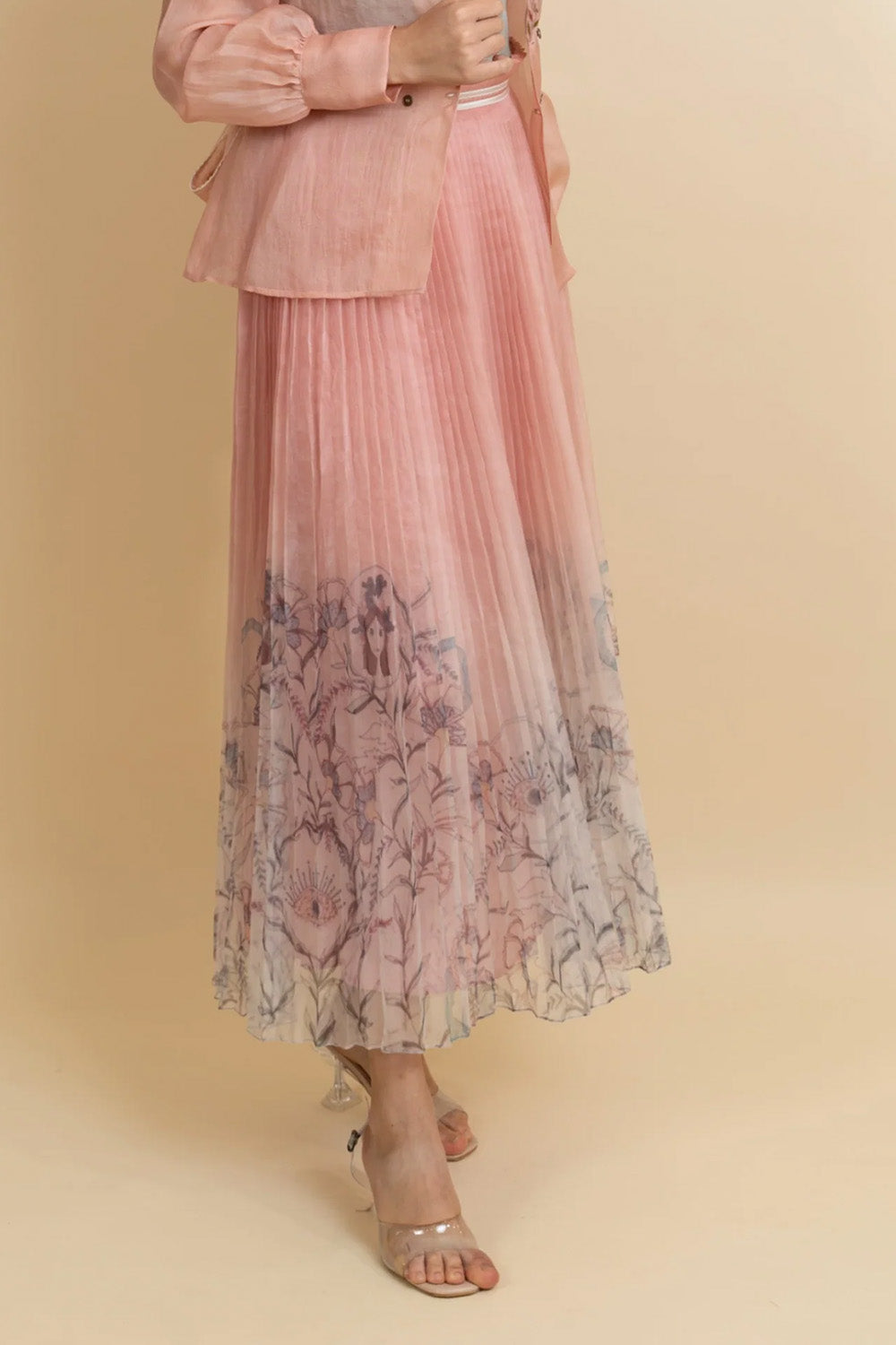 Print pleated ombre organza skirt. (Rose gold)