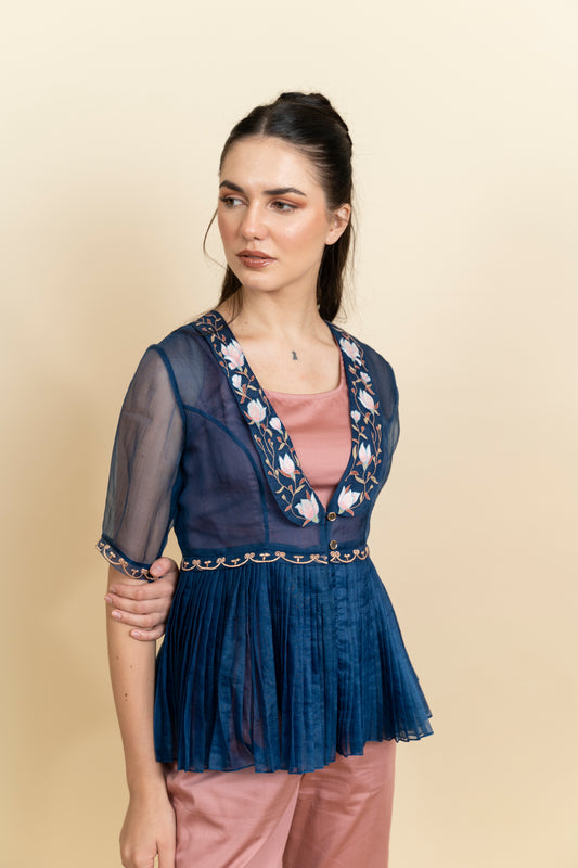 Blue floral embroidered organza blazzer image 0