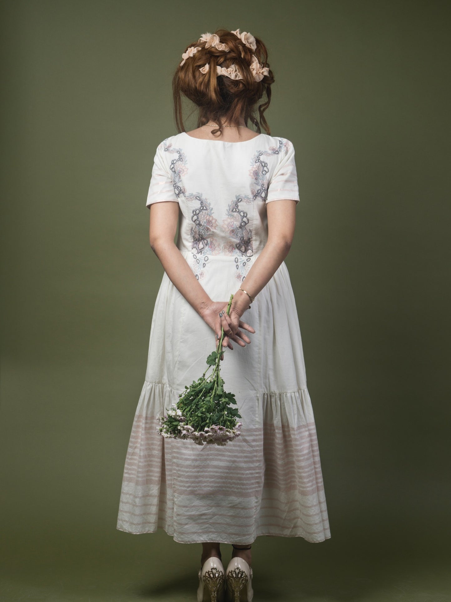 Floral embroidered calf length dress. image 2