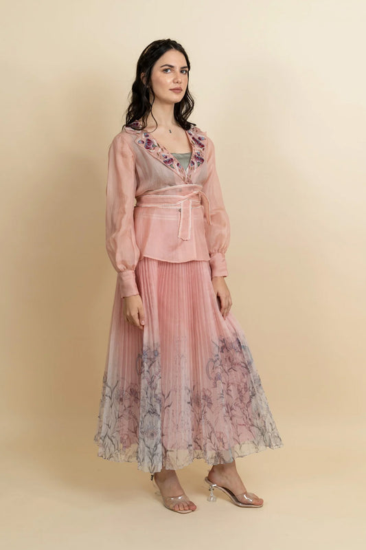 Embroidered organza blazer with pleated skirt set.