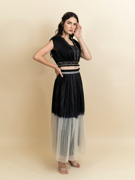 Draped organza top with pleated skirt. (Black) image 1