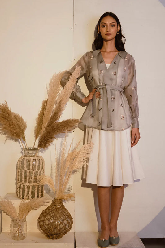 Grey organza shirt with ivory dress